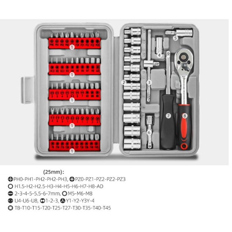 61 Pieces of Quick Socket Wrenches Screwdrivers Hex Keys Auto Repair Tools Tool Kit