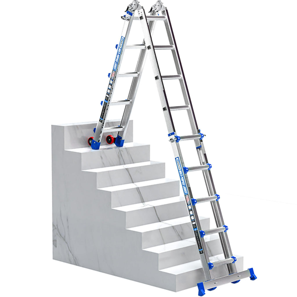 Multi-Position Aluminum Extension Telescoping Ladder with Stabilizer and Wheels for Indoor & Outdoor Use