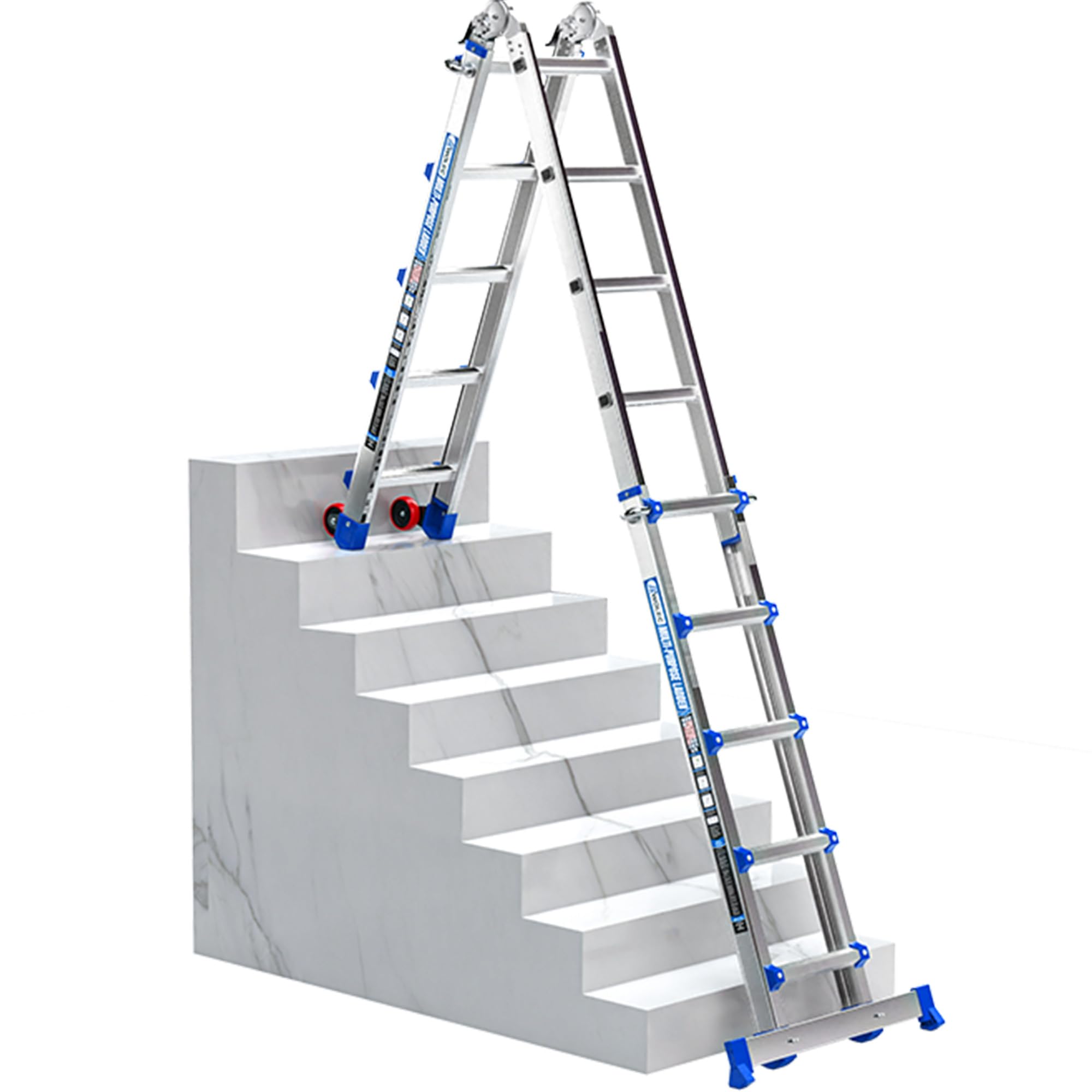 Multi-Position Aluminum Extension Telescoping Ladder with Stabilizer and Wheels for Indoor & Outdoor Use
