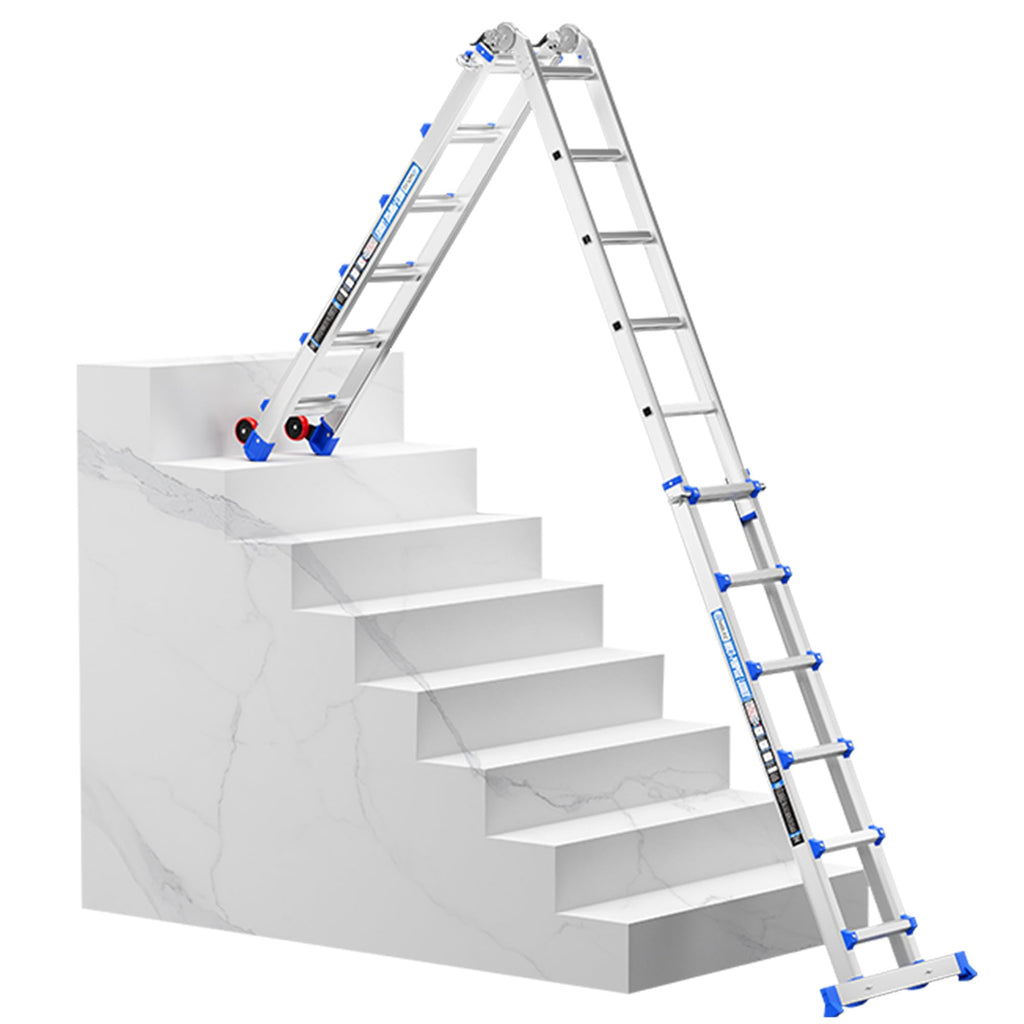 Multi-Position Aluminum Extension Telescoping Ladder with Stabilizer and Wheels for Indoor & Outdoor Use