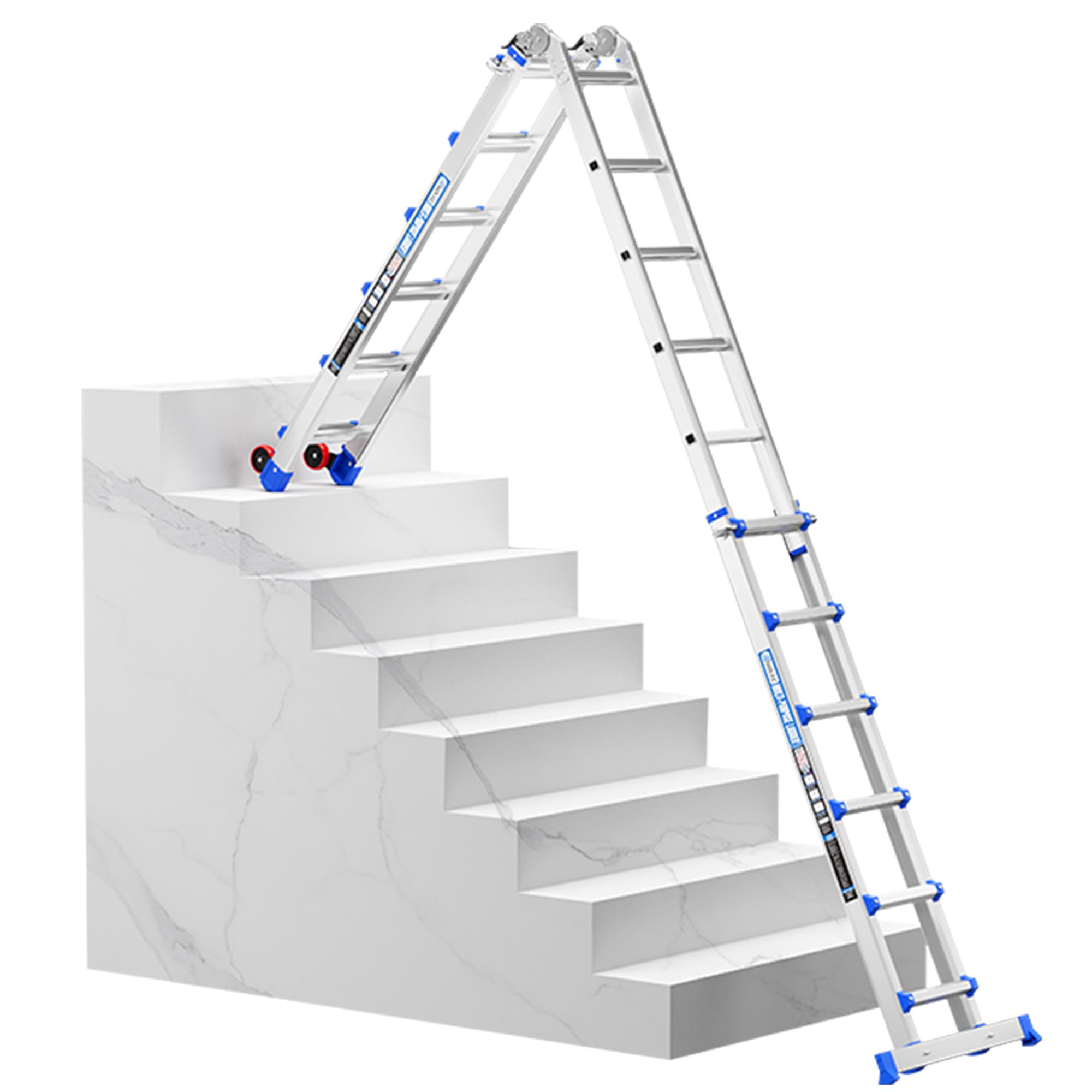 Multi-Position Aluminum Extension Telescoping Ladder with Stabilizer and Wheels for Indoor & Outdoor Use