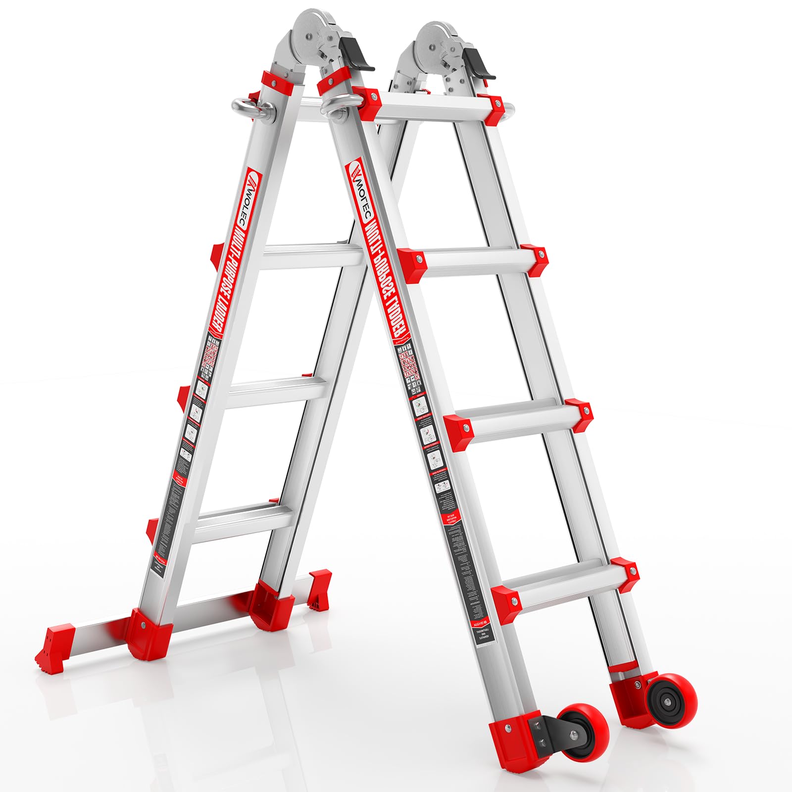 Multi-Position Aluminum Extension Telescoping Ladder with Stabilizer and Wheels for Indoor & Outdoor Use