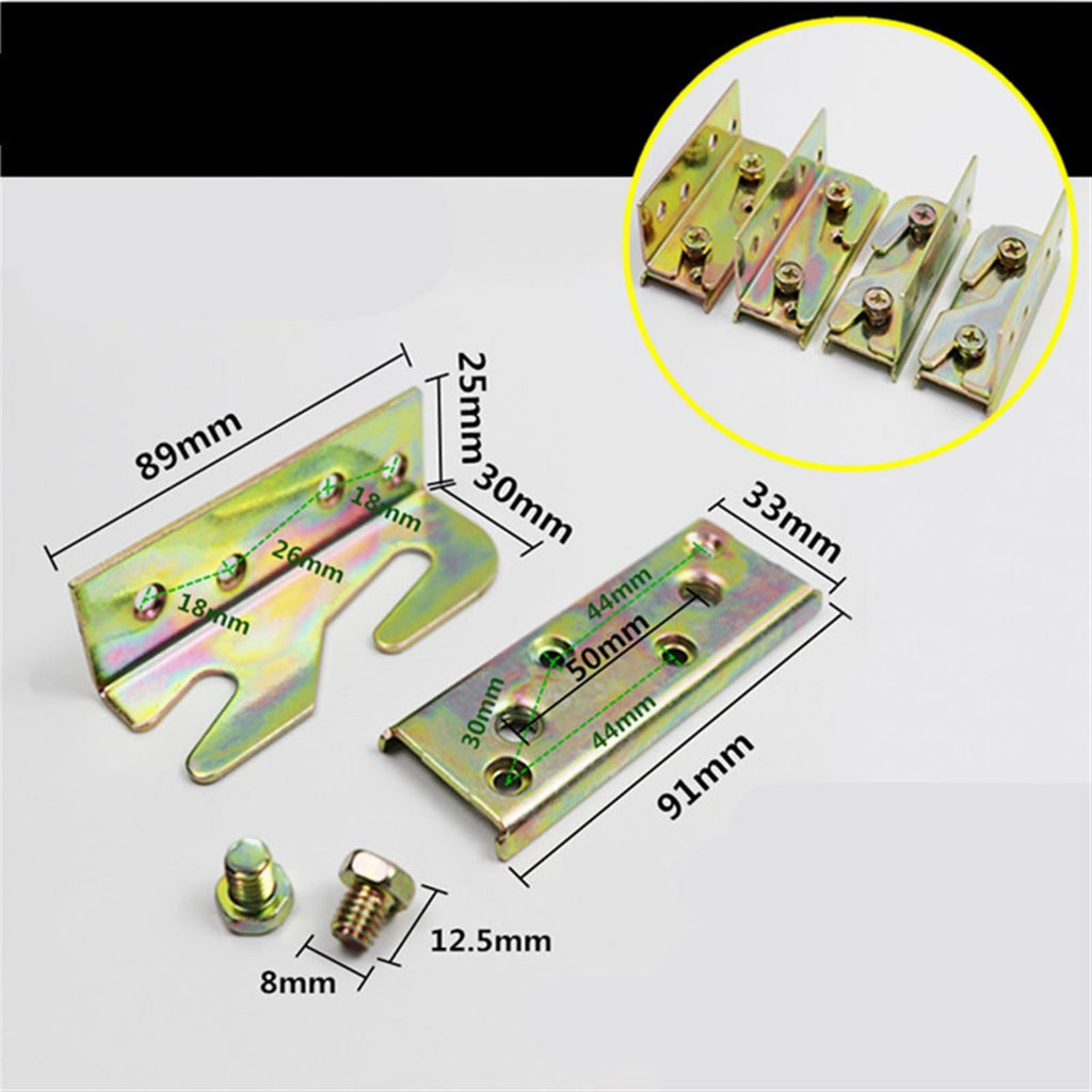 4-Pair Metal Bed Rail Brackets with Wood Board Connectors for Bed Frame Assembly