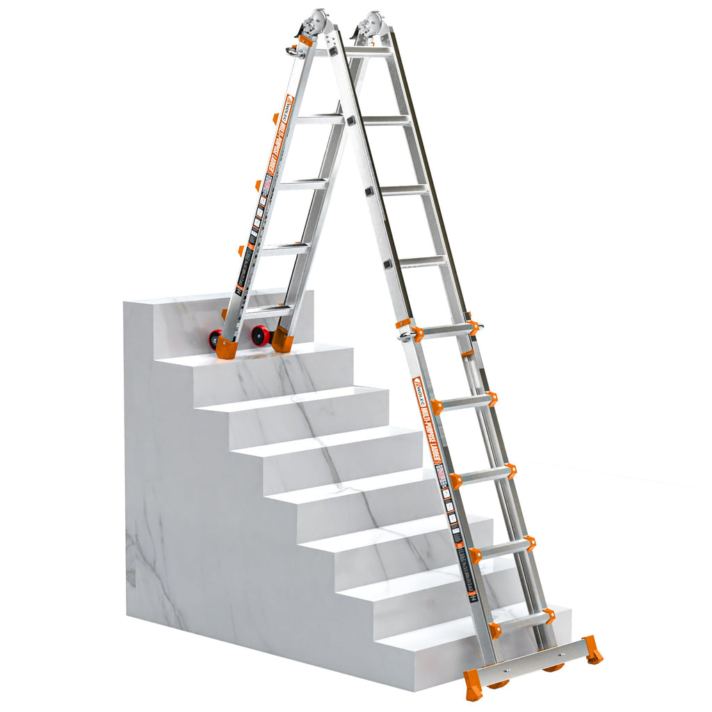 Multi-Position Aluminum Extension Telescoping Ladder with Stabilizer and Wheels for Indoor & Outdoor Use