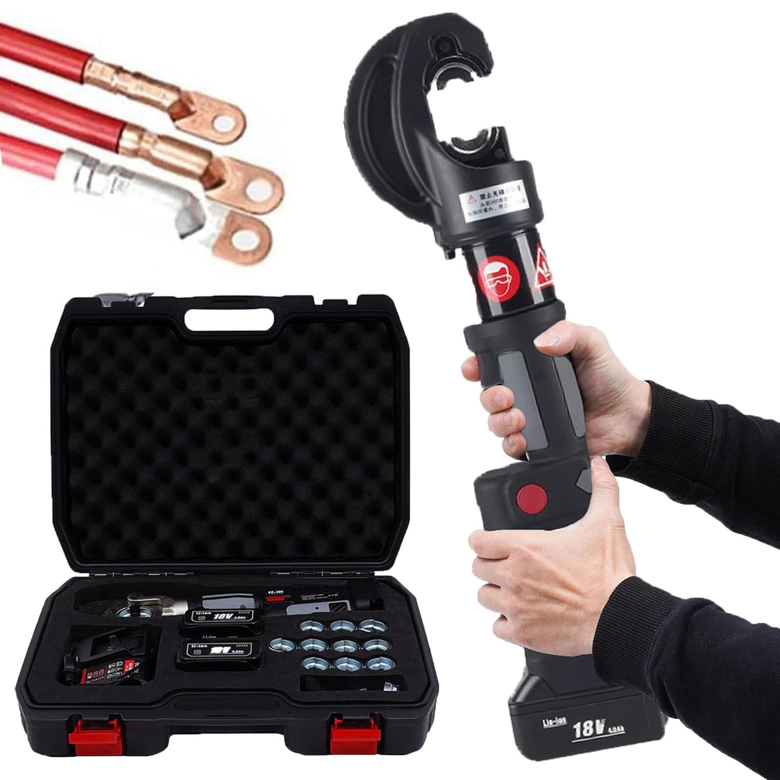Battery Powered Hydraulic Wire Cable Crimping Tool Kit with 12 Crimping Dies