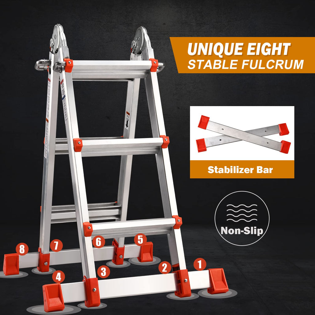 Multi-Position A-Frame Extension Ladder with Stabilizer Bar 330 lb Load Capacity for Household & Outdoor Use