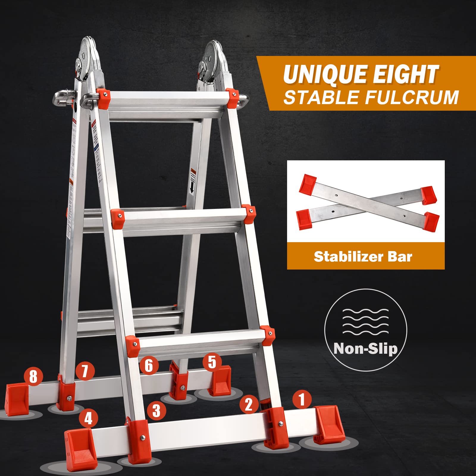 Multi-Position A-Frame Extension Ladder with Stabilizer Bar 330 lb Load Capacity for Household & Outdoor Use
