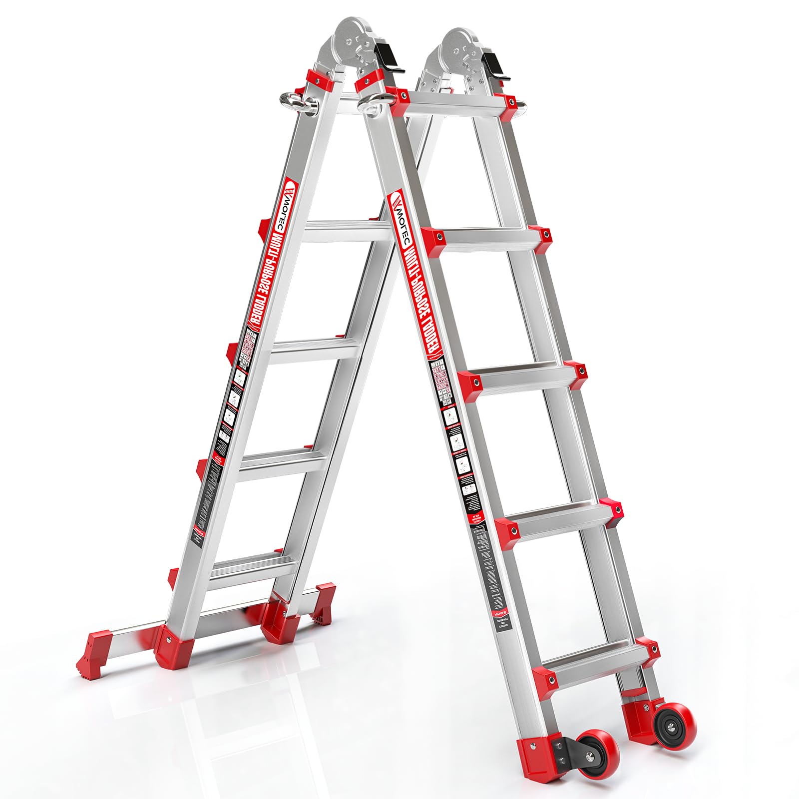 Multi-Position Aluminum Extension Telescoping Ladder with Stabilizer and Wheels for Indoor & Outdoor Use