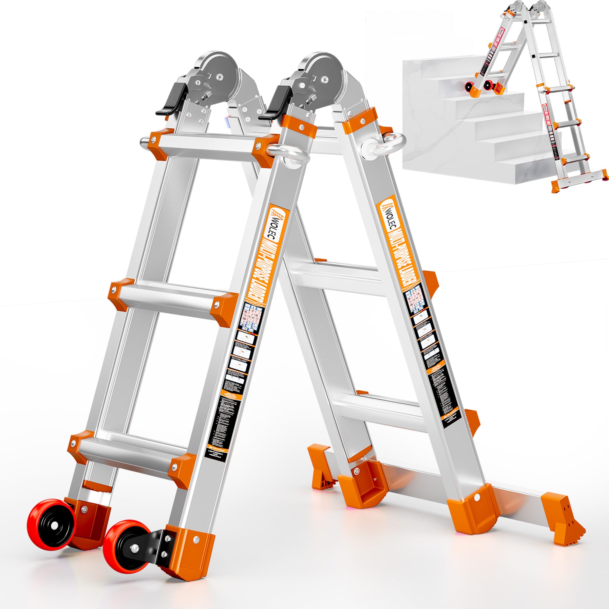 Multi-Position Aluminum Extension Telescoping Ladder with Stabilizer and Wheels for Indoor & Outdoor Use