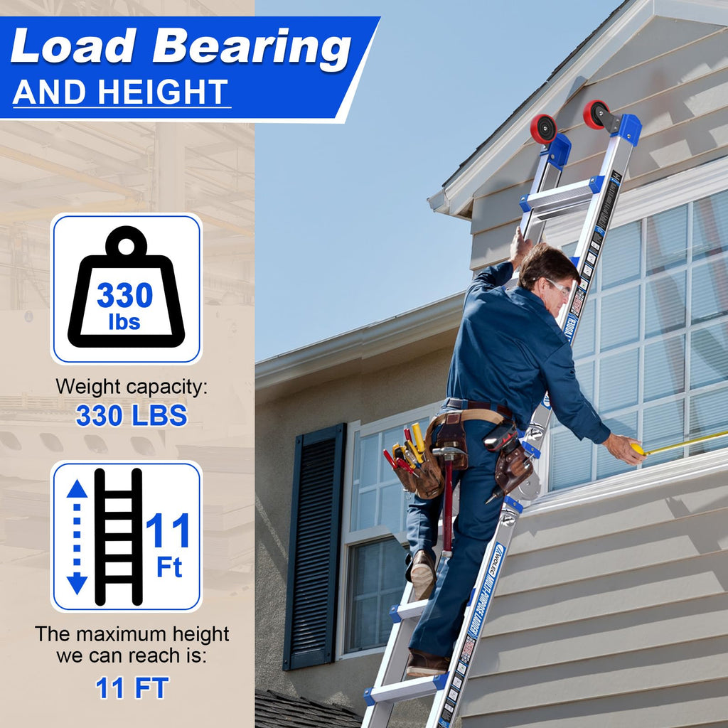 Multi-Position Aluminum Extension Telescoping Ladder with Stabilizer and Wheels for Indoor & Outdoor Use