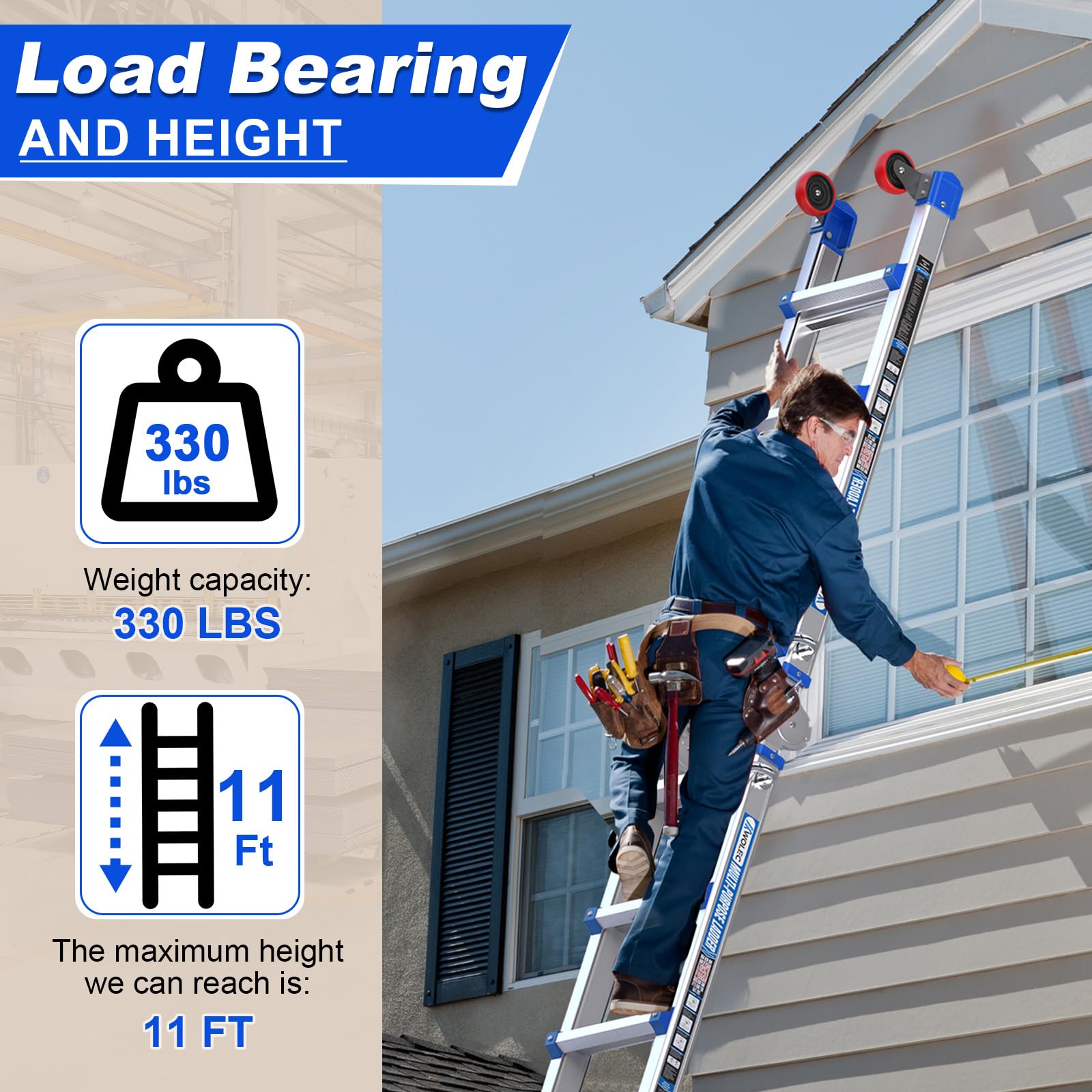 Multi-Position Aluminum Extension Telescoping Ladder with Stabilizer and Wheels for Indoor & Outdoor Use