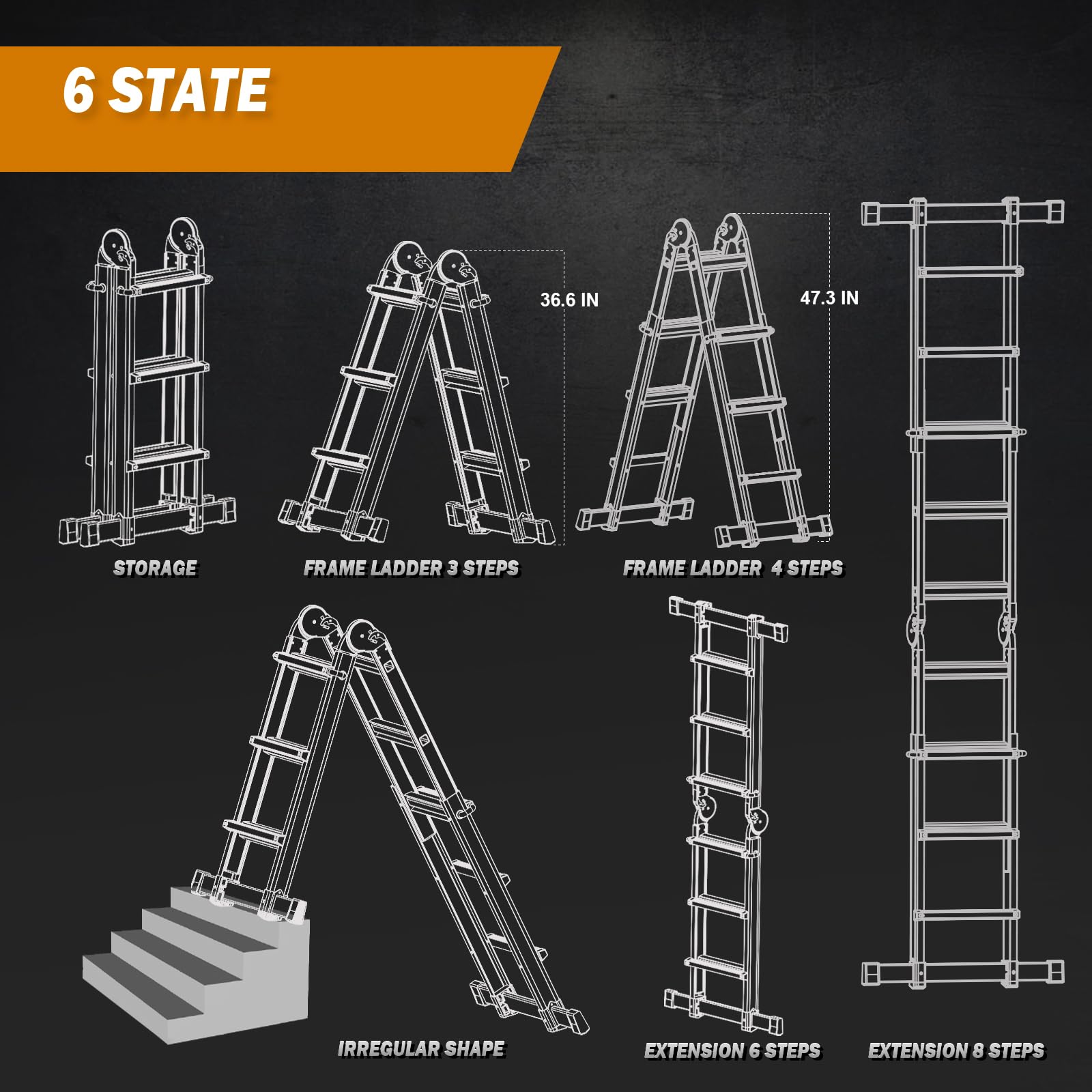 Multi-Position A-Frame Extension Ladder with Stabilizer Bar 330 lb Load Capacity for Household & Outdoor Use