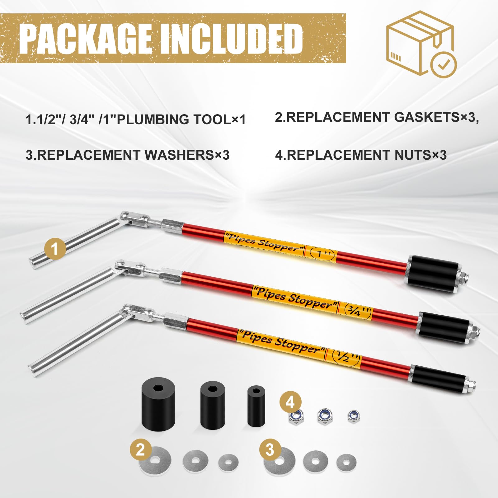 Plumbing Pipe Water Stopper Tool Kit for 1/2, 3/4 & 1 Inch Pipes with Replacement Gaskets & Nuts