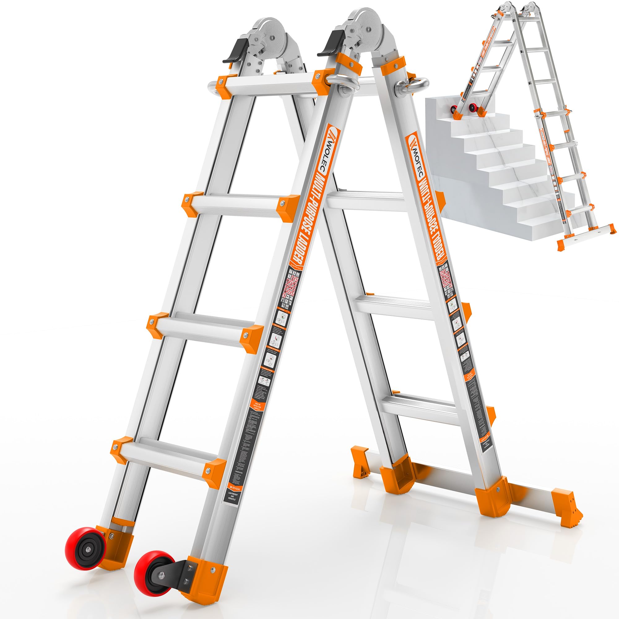 Multi-Position Aluminum Extension Telescoping Ladder with Stabilizer and Wheels for Indoor & Outdoor Use