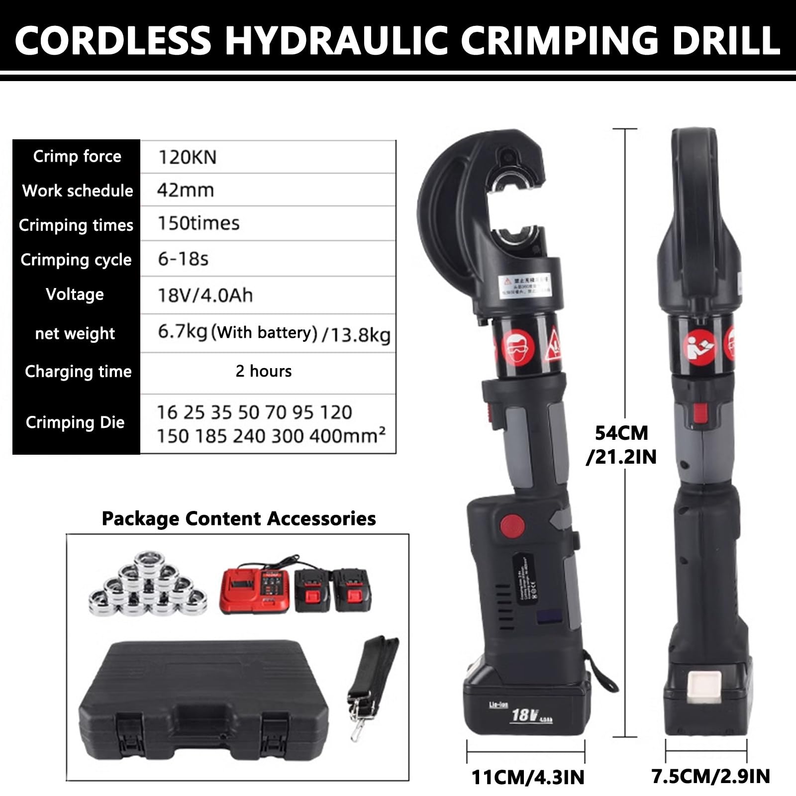 Battery Powered Hydraulic Wire Cable Crimping Tool Kit with 12 Crimping Dies