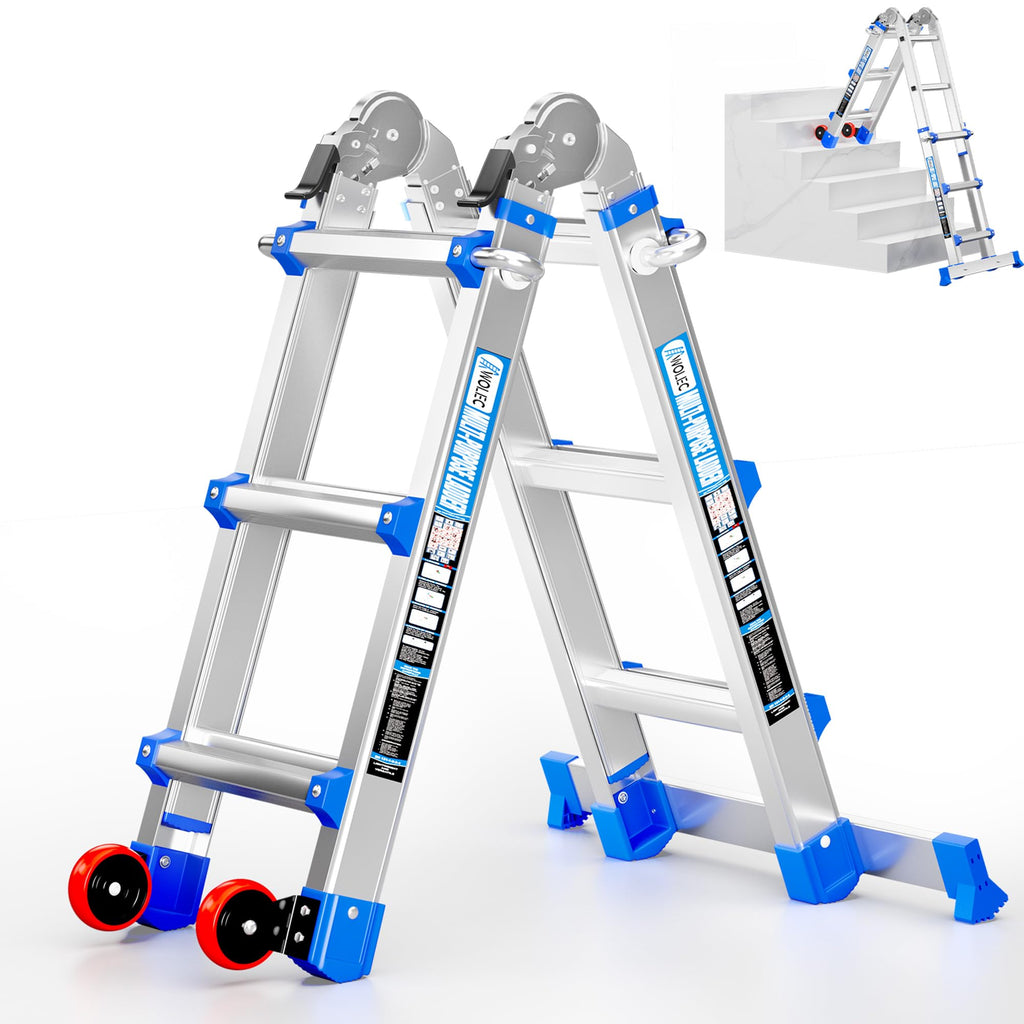 Multi-Position Aluminum Extension Telescoping Ladder with Stabilizer and Wheels for Indoor & Outdoor Use