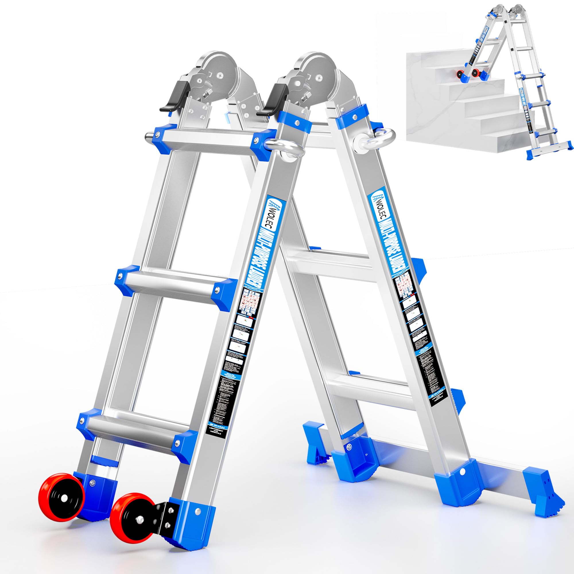 Multi-Position Aluminum Extension Telescoping Ladder with Stabilizer and Wheels for Indoor & Outdoor Use
