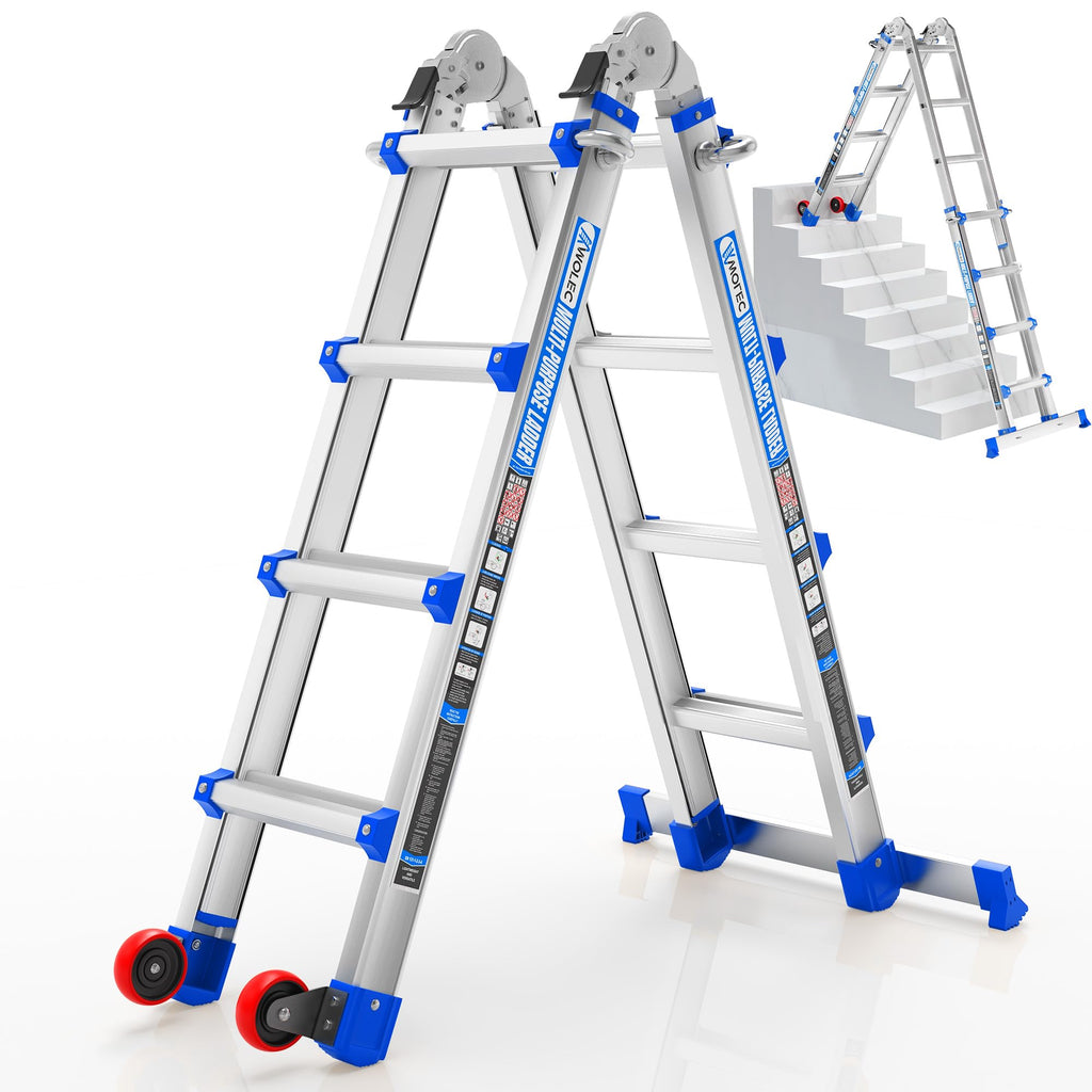 Multi-Position Aluminum Extension Telescoping Ladder with Stabilizer and Wheels for Indoor & Outdoor Use