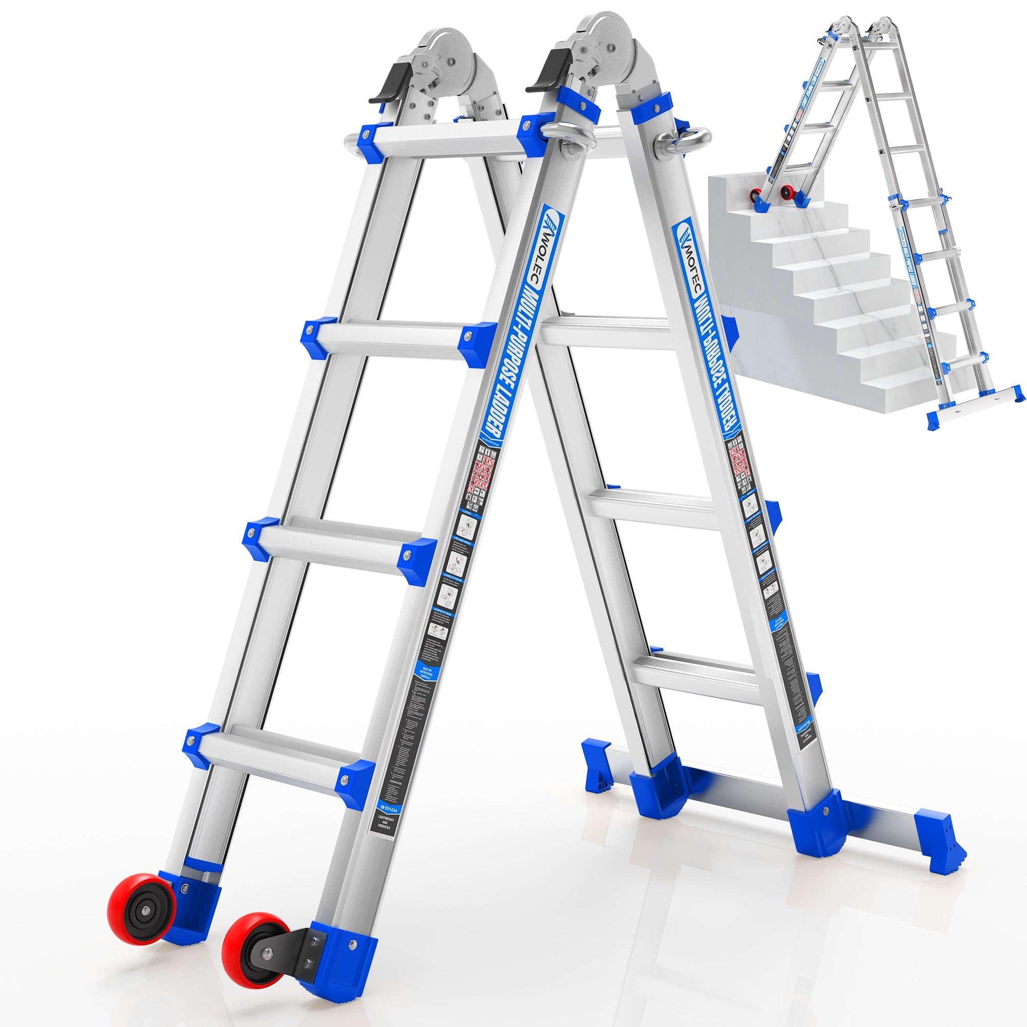 Multi-Position Aluminum Extension Telescoping Ladder with Stabilizer and Wheels for Indoor & Outdoor Use