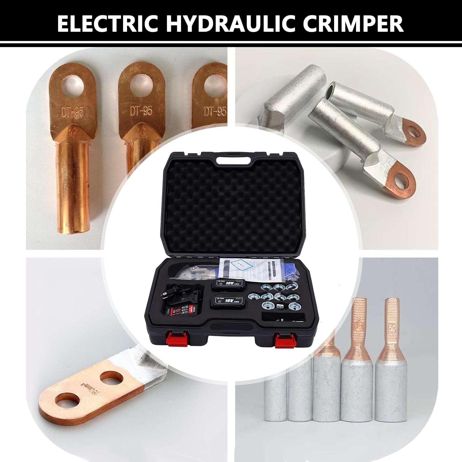 Battery Powered Hydraulic Wire Cable Crimping Tool Kit with 12 Crimping Dies