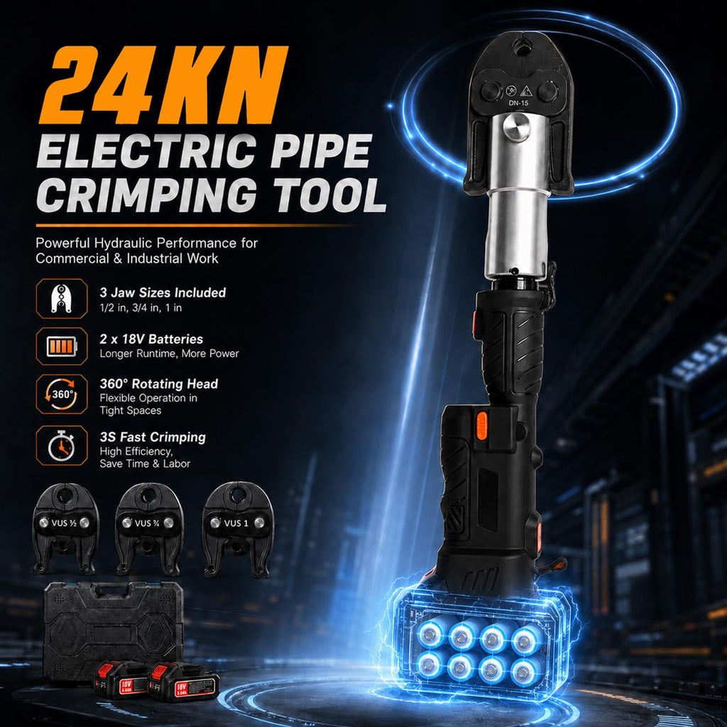 24KN Electric Hydraulic Pipe Crimping Tool Kit with Dual 18V Batteries for 1/2–1 Inch Copper Pipe