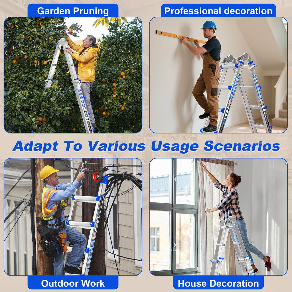 Multi-Position Aluminum Extension Telescoping Ladder with Stabilizer and Wheels for Indoor & Outdoor Use