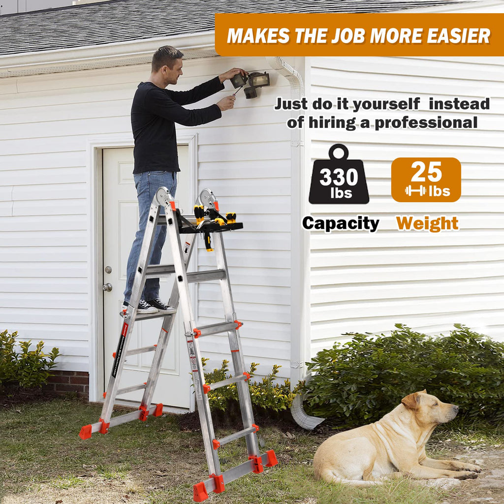 Multi-Position A-Frame Extension Ladder with Stabilizer Bar 330 lb Load Capacity for Household & Outdoor Use