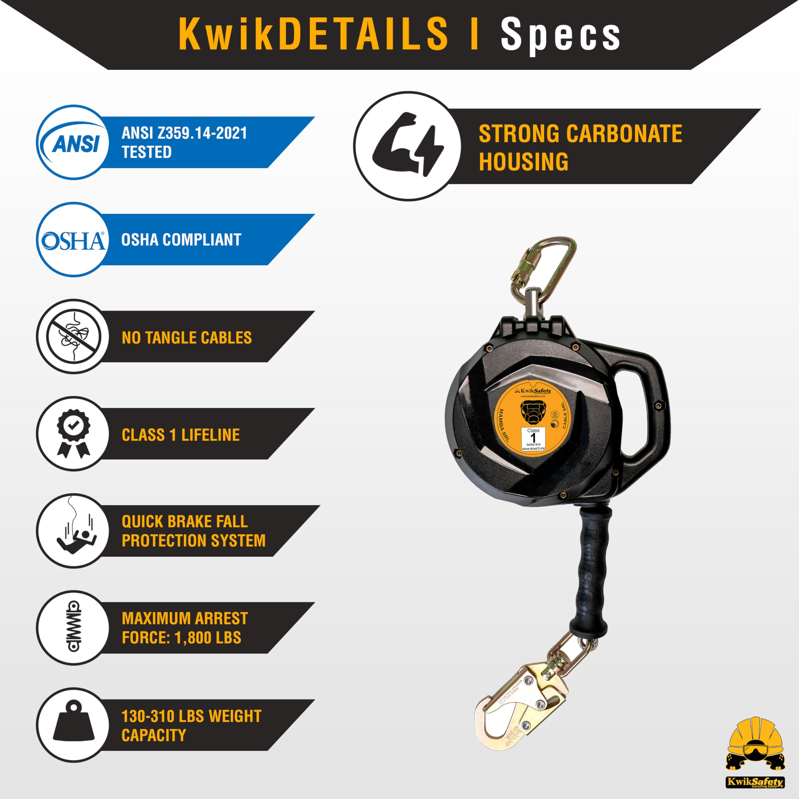 Self-Retracting Lifeline with Textured Grip and Integrated Handle ANSI OSHA Compliant
