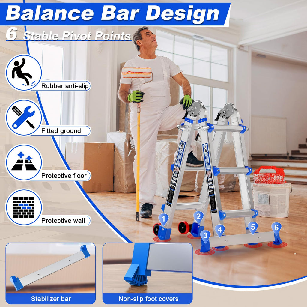Multi-Position Aluminum Extension Telescoping Ladder with Stabilizer and Wheels for Indoor & Outdoor Use