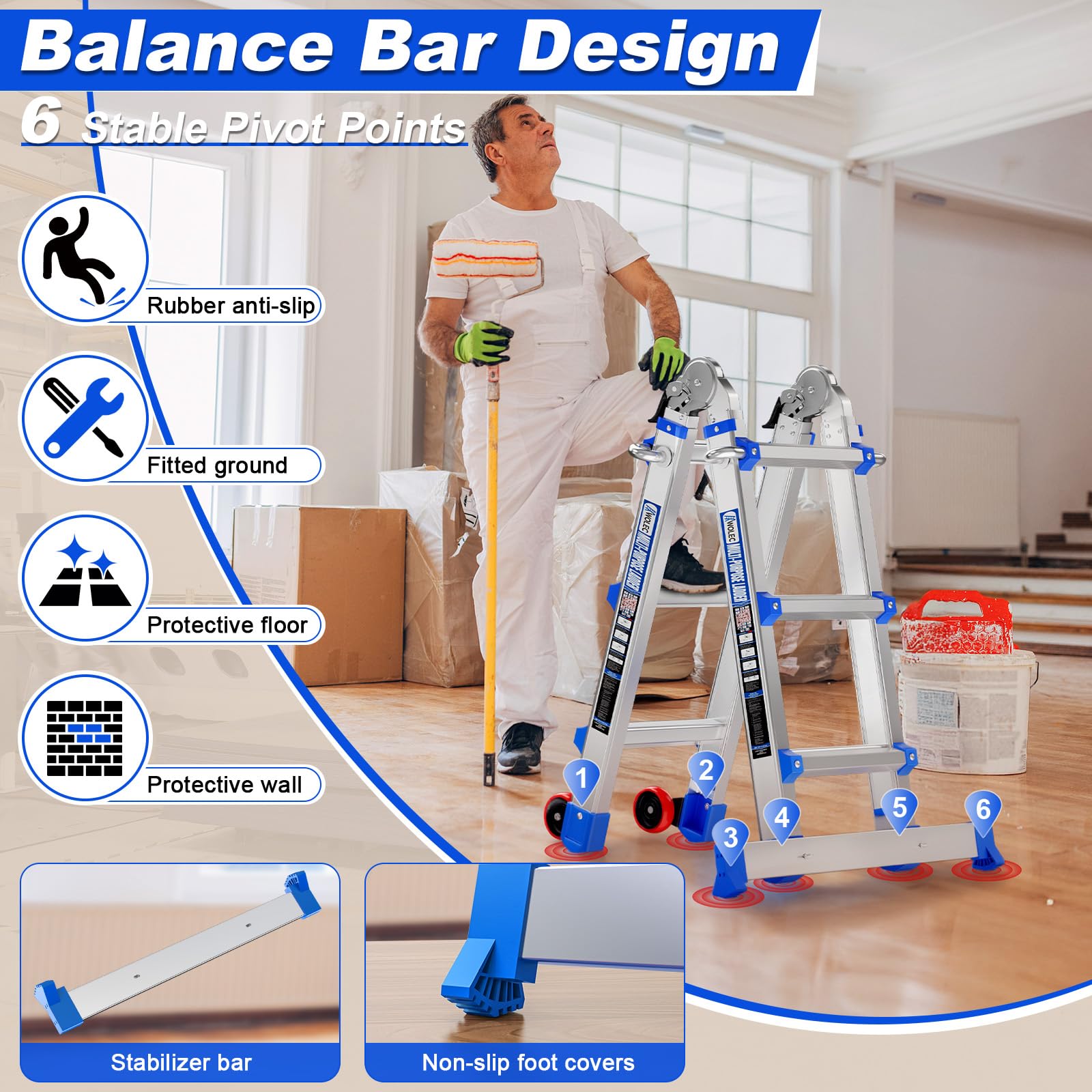 Multi-Position Aluminum Extension Telescoping Ladder with Stabilizer and Wheels for Indoor & Outdoor Use