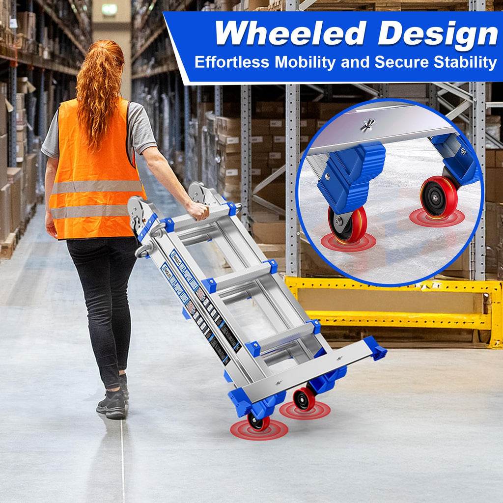 Multi-Position Aluminum Extension Telescoping Ladder with Stabilizer and Wheels for Indoor & Outdoor Use
