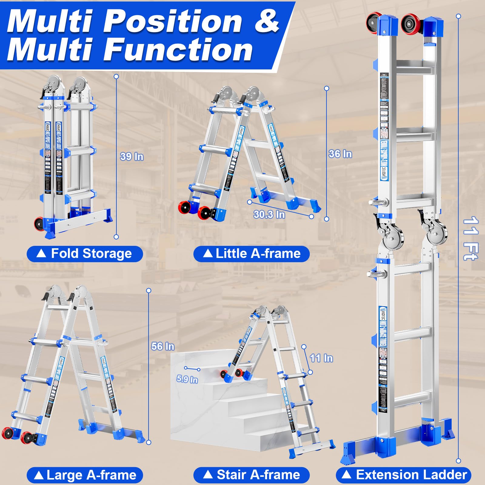 Multi-Position Aluminum Extension Telescoping Ladder with Stabilizer and Wheels for Indoor & Outdoor Use