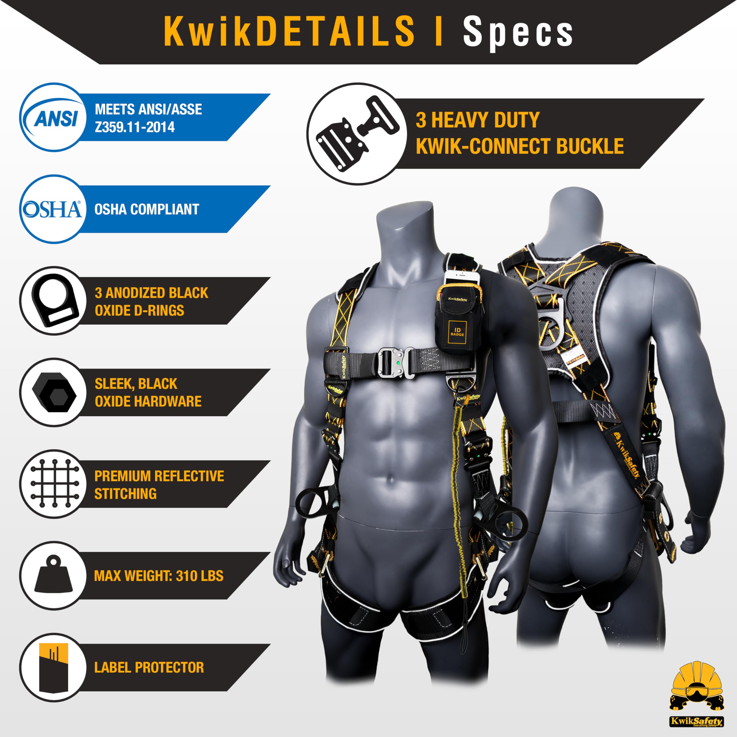 Full Body Safety Harness with 3 D-Rings ANSI OSHA Fall Protection Kit