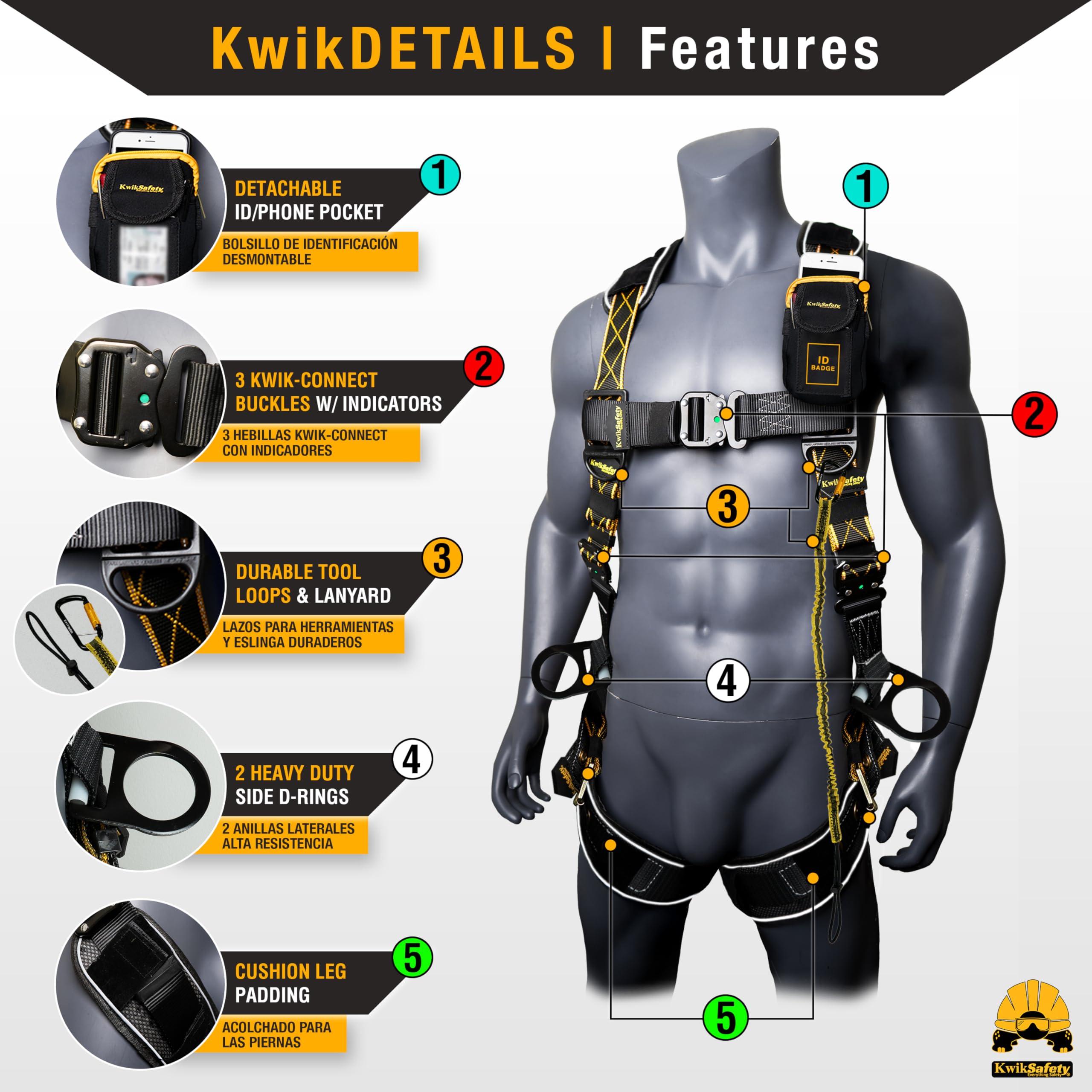 Full Body Safety Harness with 3 D-Rings ANSI OSHA Fall Protection Kit
