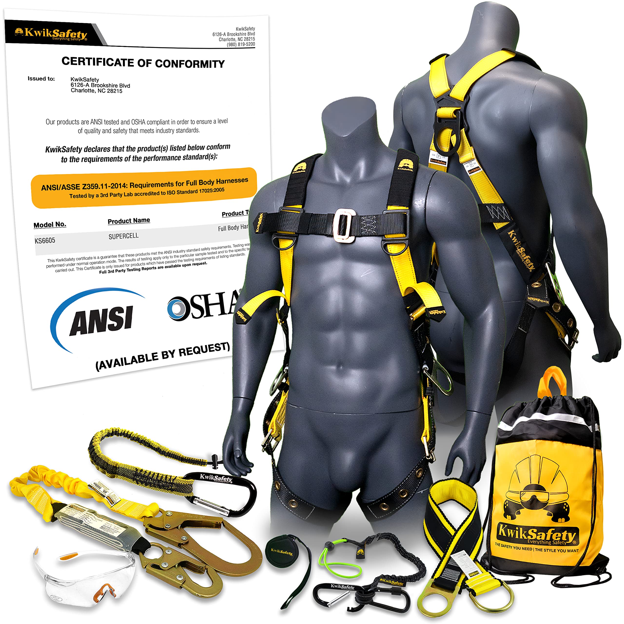 Full Body Safety Harness with 3 D-Rings ANSI OSHA Fall Protection Kit