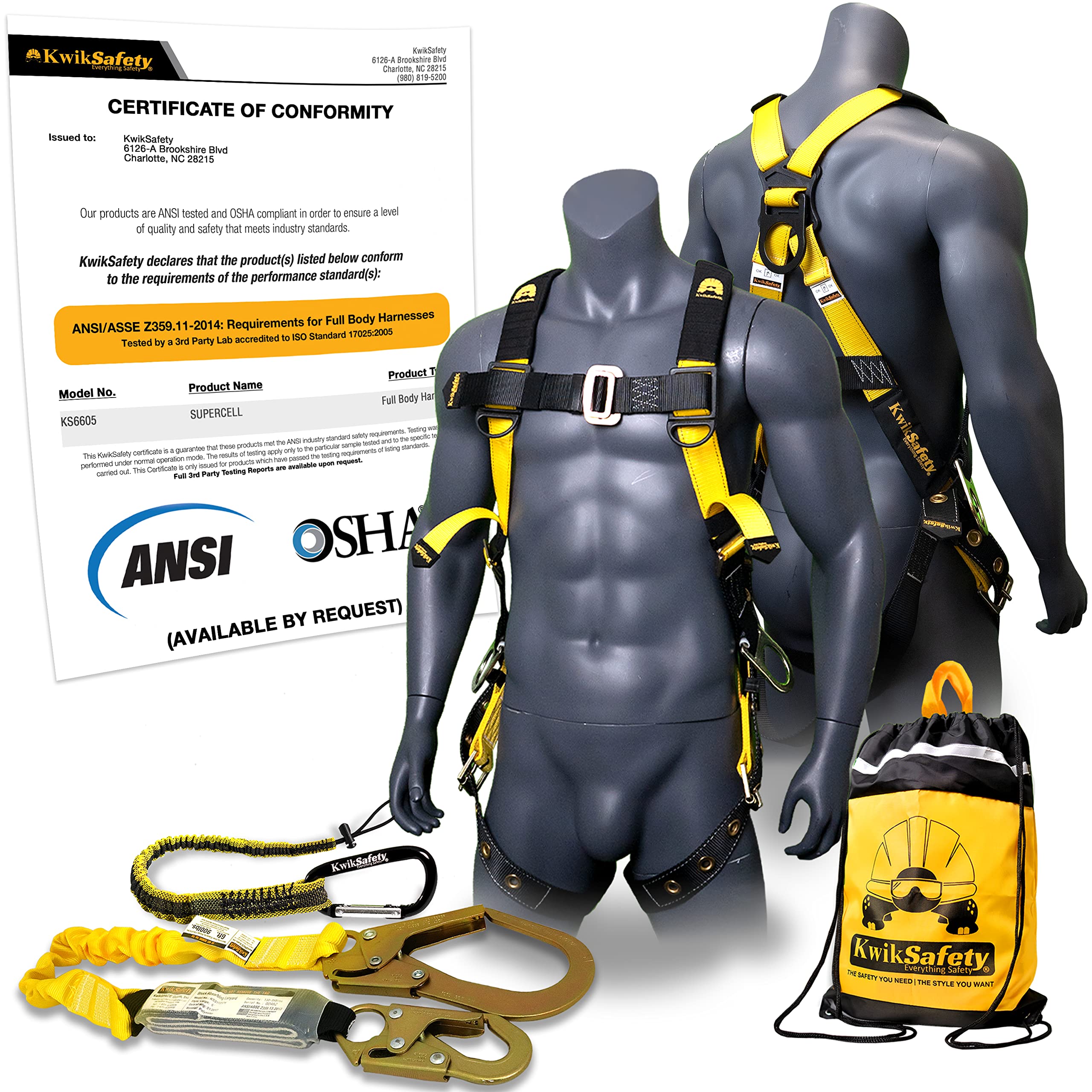 Full Body Safety Harness with 3 D-Rings ANSI OSHA Fall Protection Kit